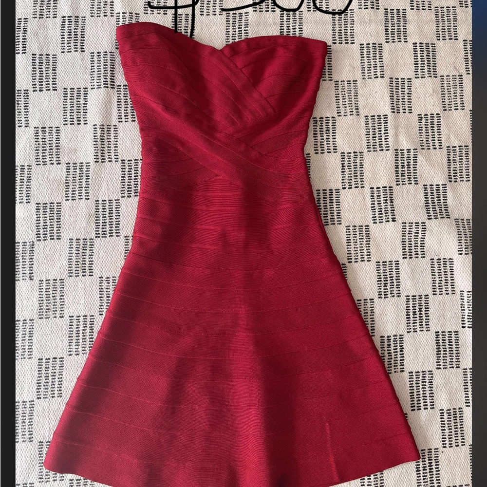 Herve Leger Red Strapless Sweetheart Fit and Flare Dress